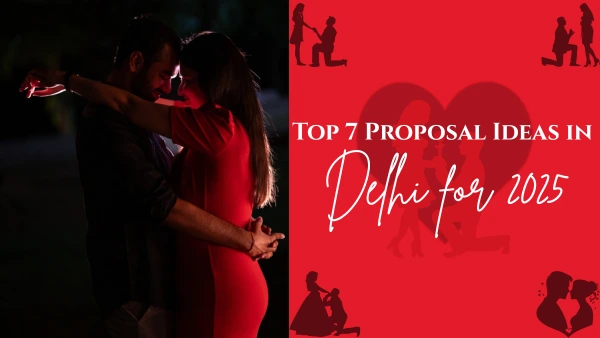 Romantic proposal setup in Delhi with rooftop lights, flowers, and a candlelight atmosphere.