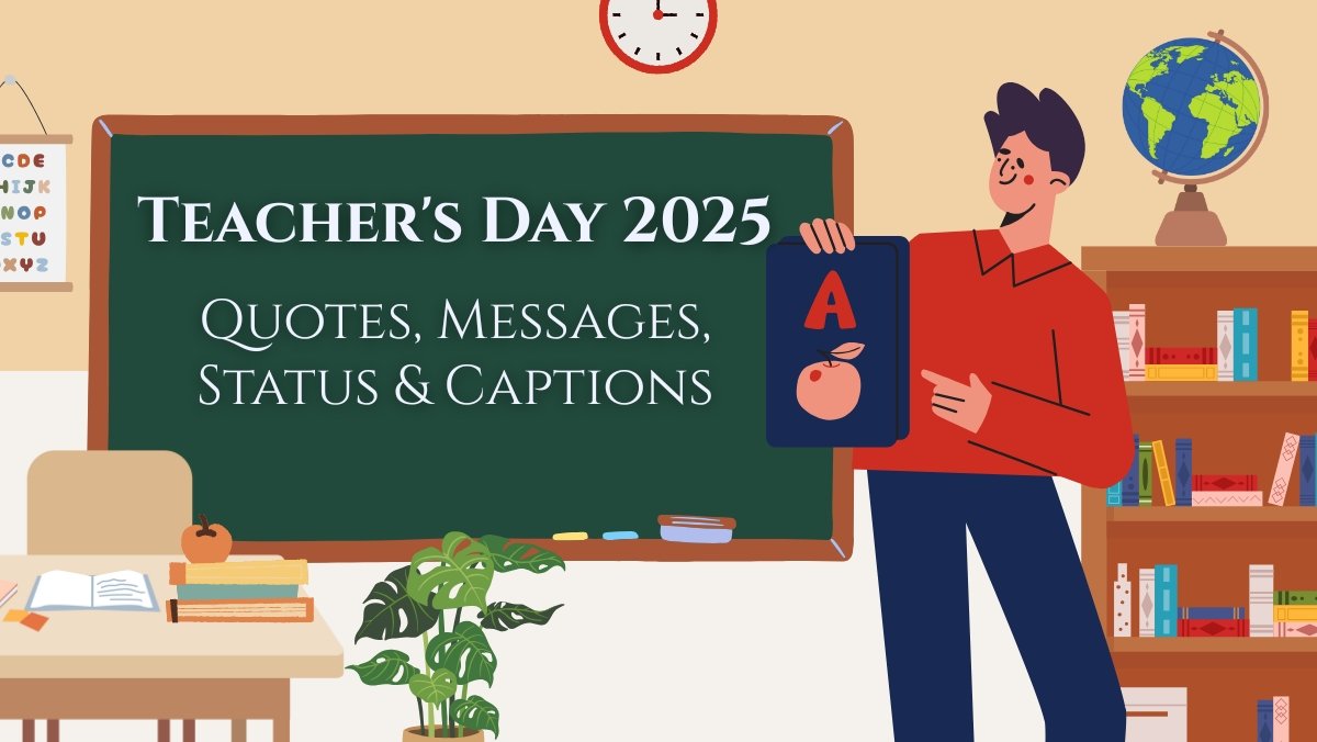 Teacher’s Day 2025 wishes and quotes – illustration of a teacher in classroom with chalkboard and books