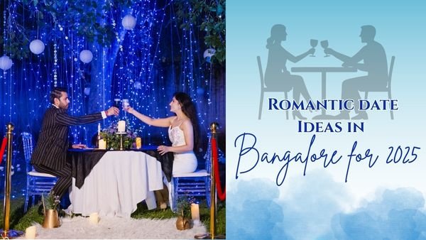 Couple enjoying a romantic outdoor date in Bangalore with fairy lights and elegant décor, showcasing the best romantic date ideas for 2025.