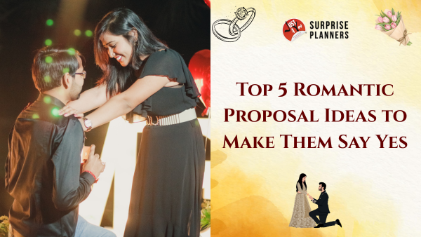 A man pops the question to his partner during a romantic surprise setup — Just4You Surprise Planners' Top 5 Romantic Proposal Ideas