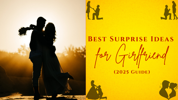 Romantic couple silhouette at sunset with text “Best Surprise Ideas for Girlfriend (2025 Guide)”