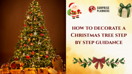 A beautifully decorated Christmas tree with lights, ornaments, gifts, and festive elements, alongside a guide titled “How to Decorate a Christmas Tree Step by Step.