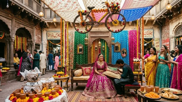 Mehndi decoration at home with marigold flowers
